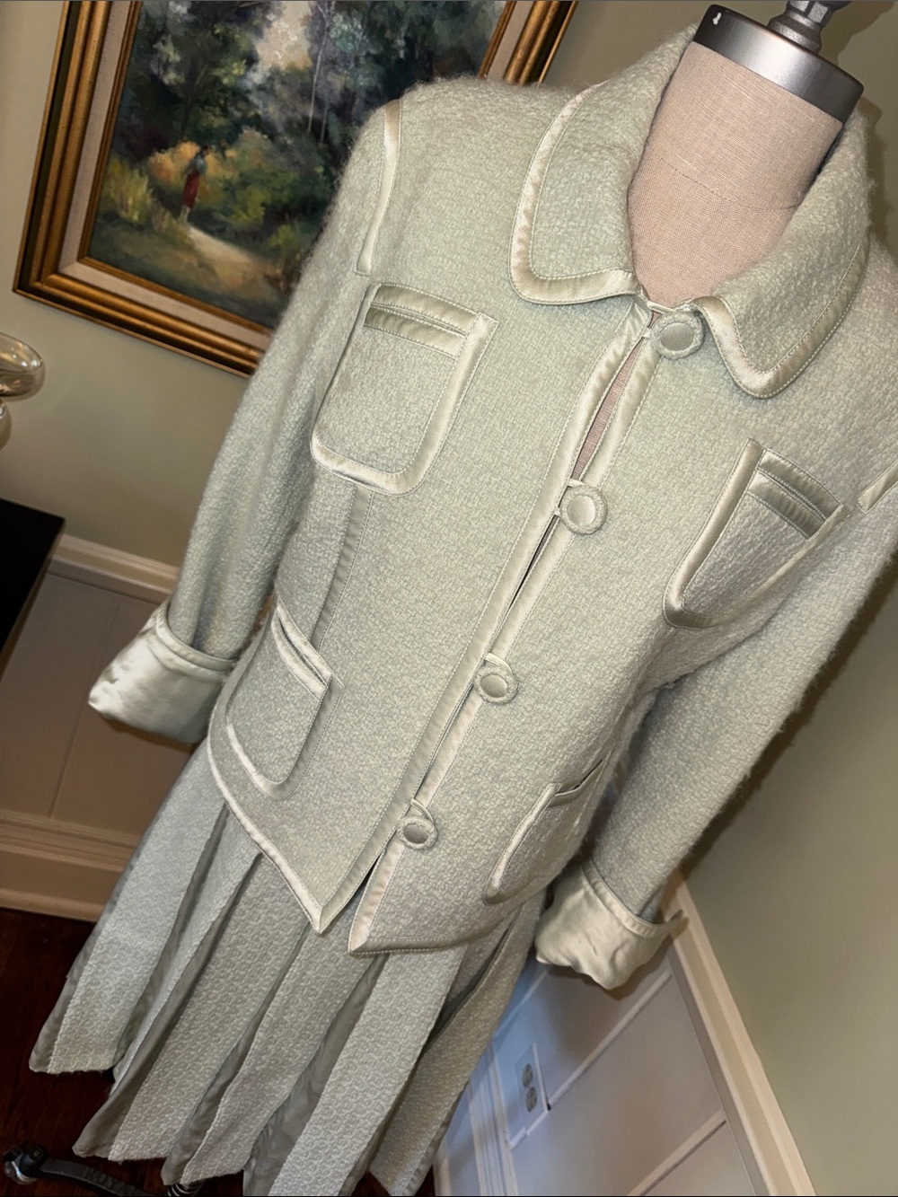 Vintage Carlisle Mint Green Two-Piece Suit Coat Jacket Skirt Set US 14 UK 16